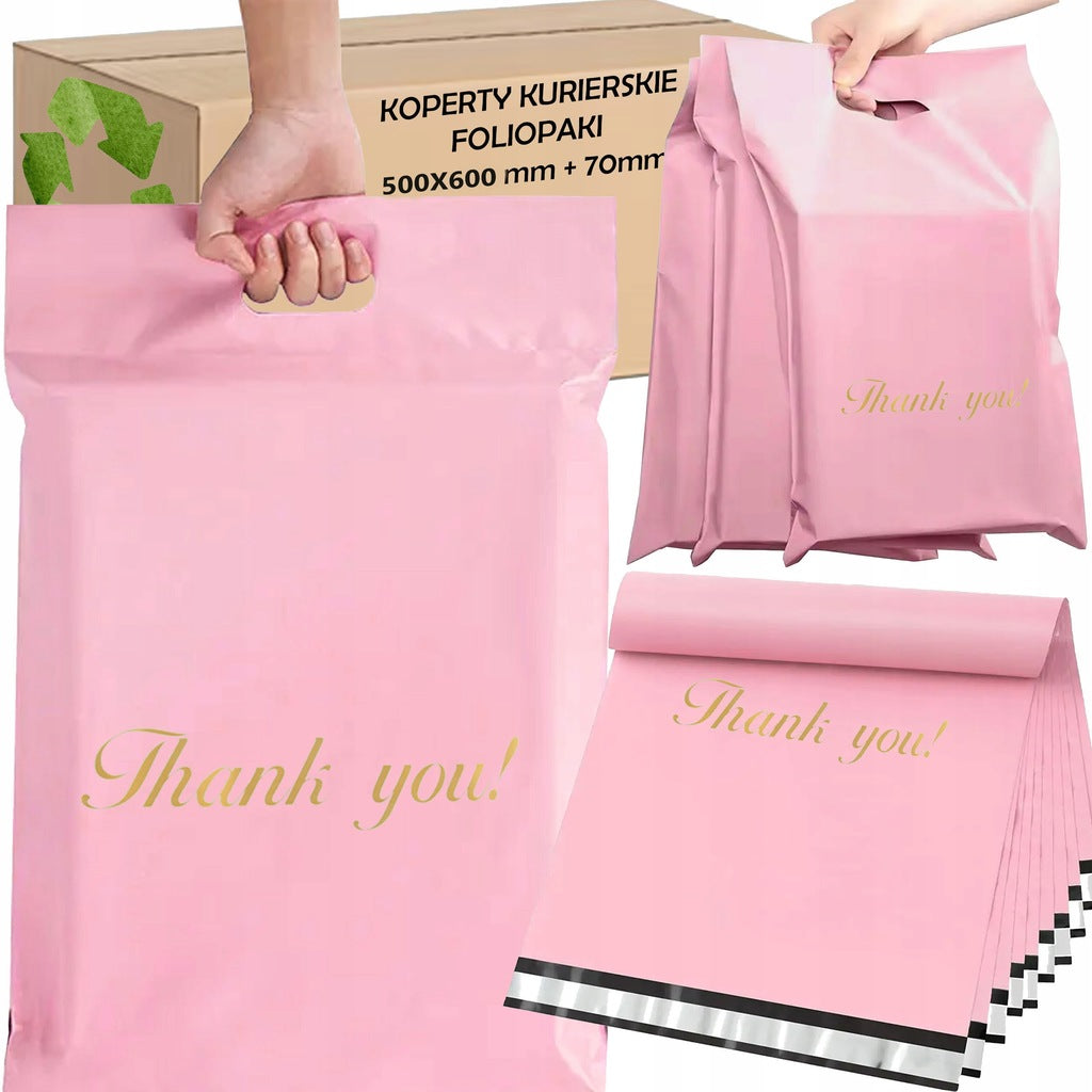 FOLIOPAKI KURIERSKIE RÓŻOWE Z RĄCZKĄ 310x420 + 70 50szt THANK YOU
