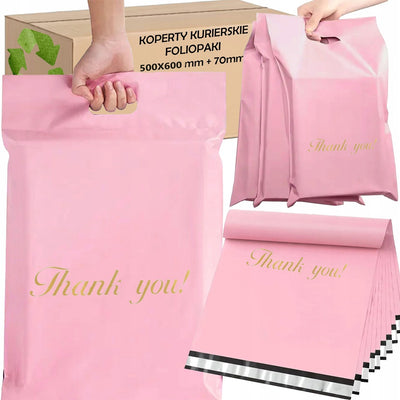 FOLIOPAKI KURIERSKIE RÓŻOWE Z RĄCZKĄ 310x420 + 70 50szt THANK YOU