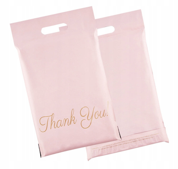 FOLIOPAK KURIERSKI FOLIOPAKI RÓŻOWE z RĄCZKĄ 310 x 420 + 70 mm (rączka) 50 szt z napisem "Thank You"