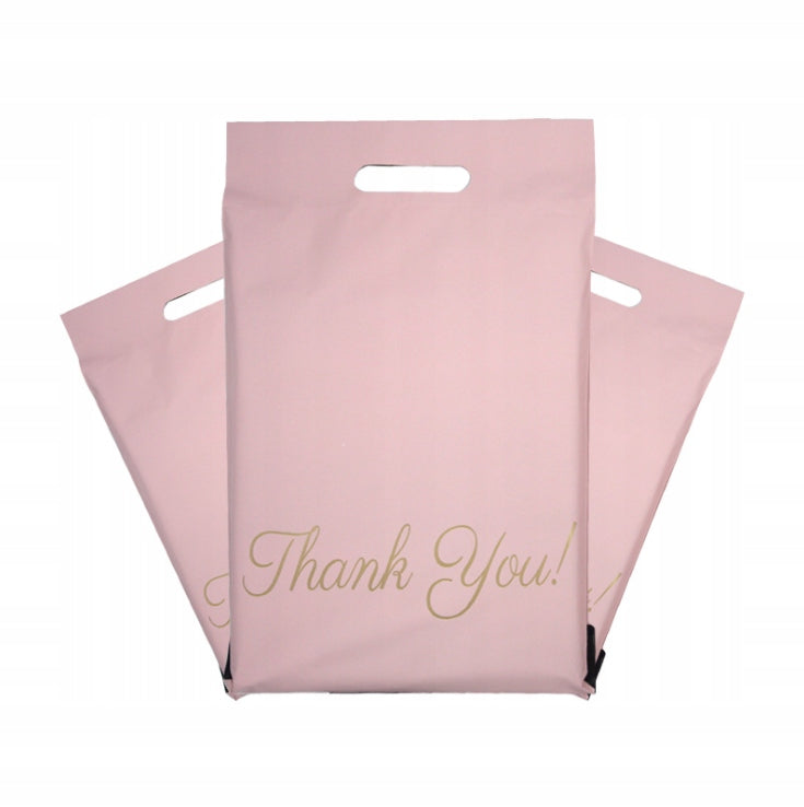 FOLIOPAK KURIERSKI FOLIOPAKI RÓŻOWE z RĄCZKĄ 310 x 420 + 70 mm (rączka) 50 szt z napisem "Thank You"