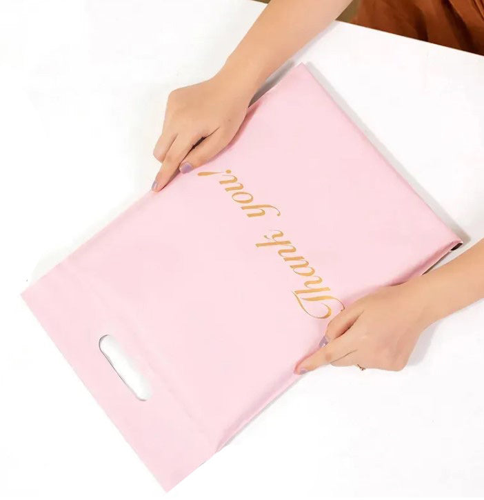 FOLIOPAK KURIERSKI FOLIOPAKI RÓŻOWE z RĄCZKĄ 310 x 420 + 70 mm (rączka) 50 szt z napisem "Thank You"