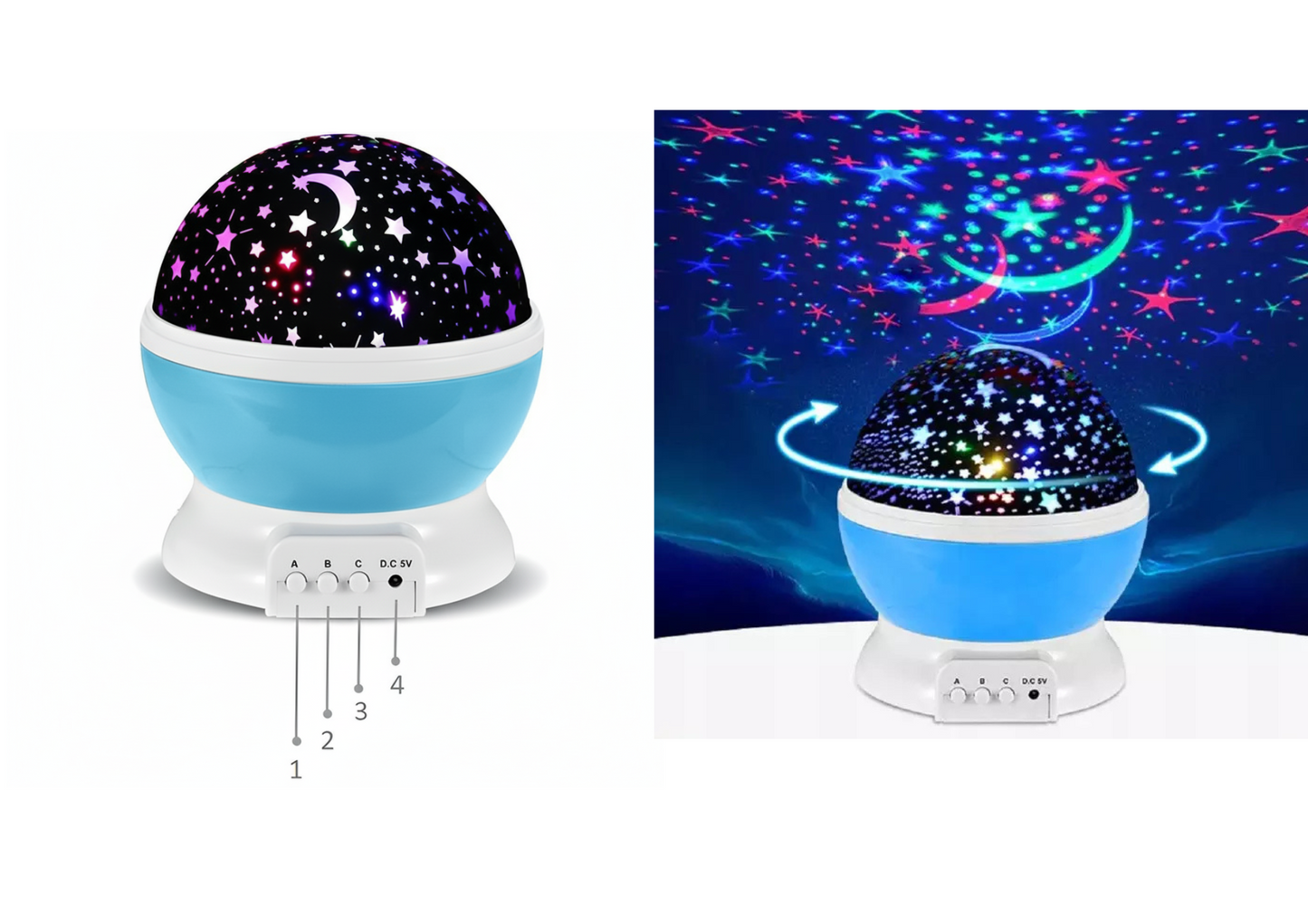 LAMPKA NOCNA LED PROJEKTOR GWIAZD 2w1 KULA NIEBIESKA OBROTOWA DLA DZIECI
