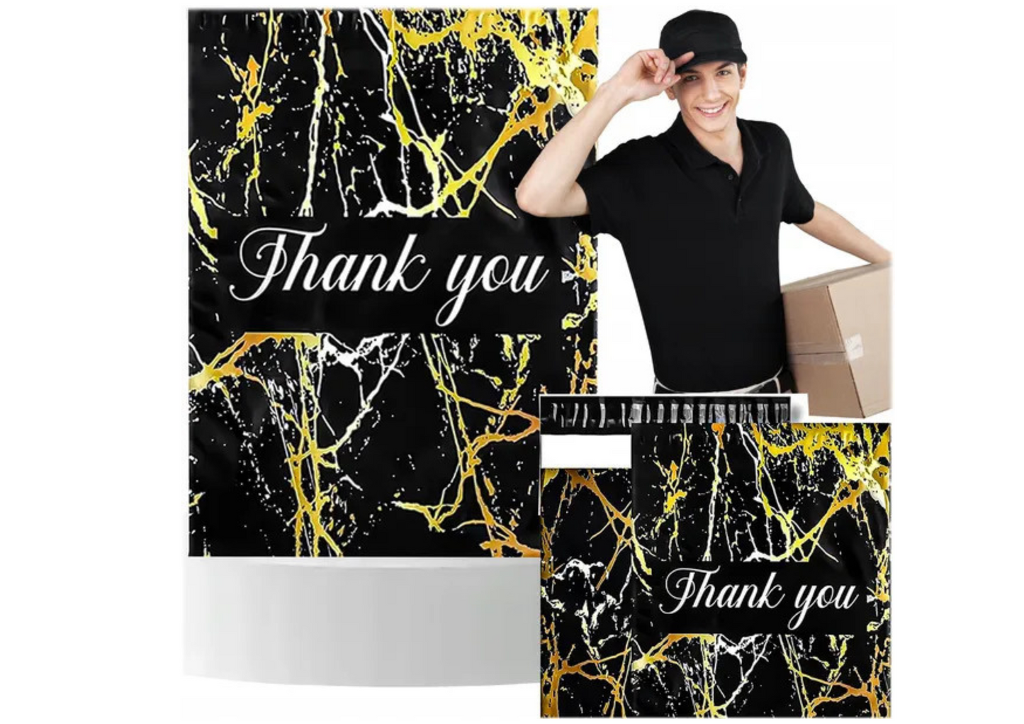 Foliopaki kurierskie mocne 255X370 ZŁOTY MARMUR THANK YOU 50 szt. na paczki