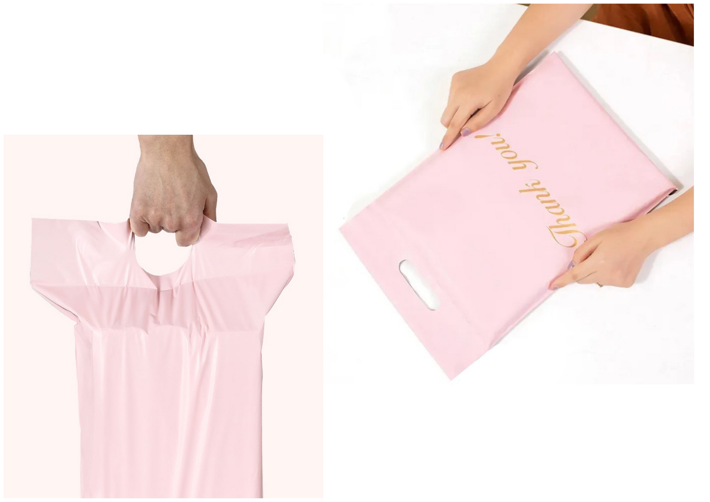 FOLIOPAK KURIERSKI FOLIOPAKI RÓŻOWE z RĄCZKĄ 310 x 420 + 70 mm (rączka) 50 szt z napisem "Thank You"
