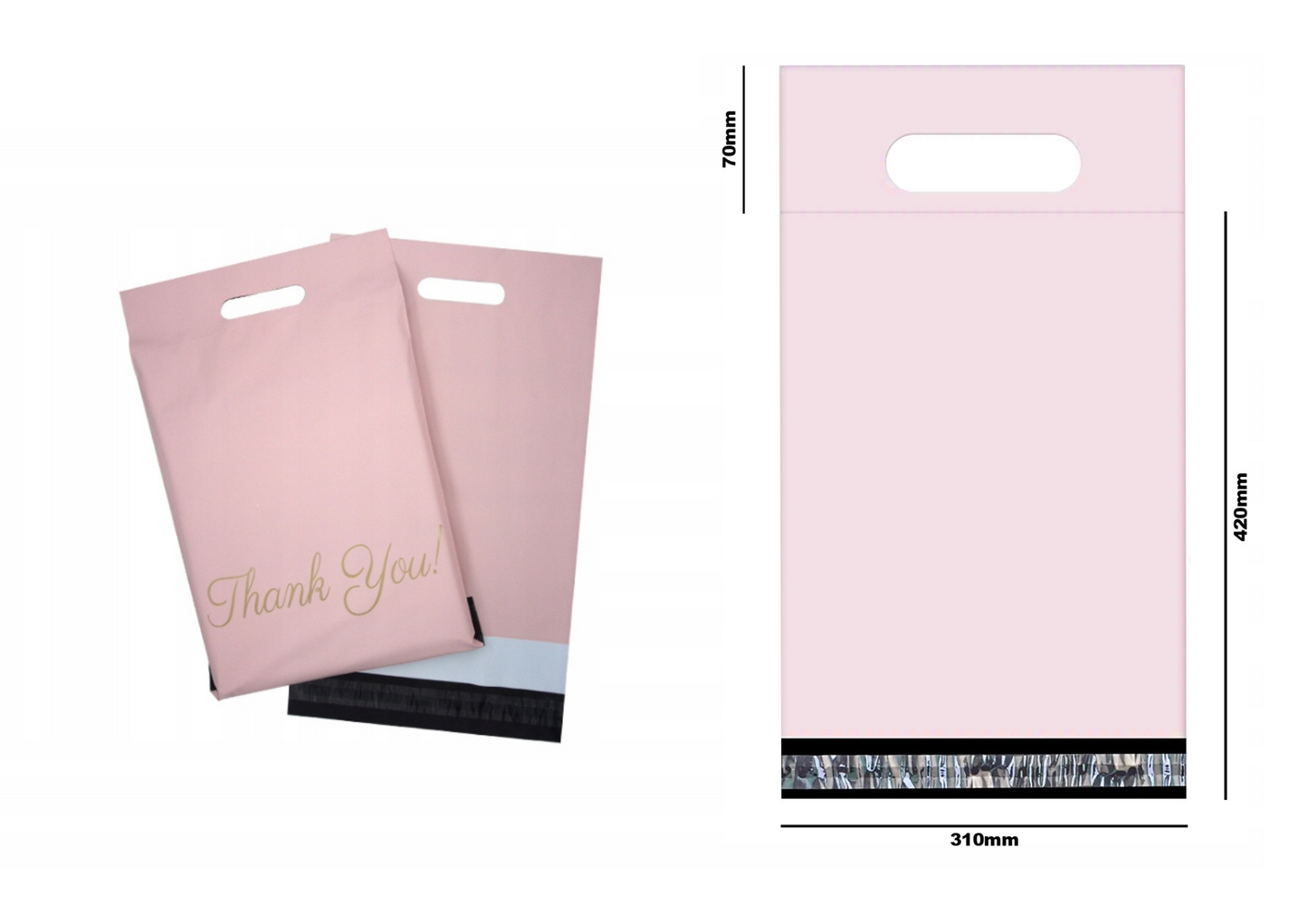 FOLIOPAK KURIERSKI FOLIOPAKI RÓŻOWE z RĄCZKĄ 310 x 420 + 70 mm (rączka) 50 szt z napisem "Thank You"