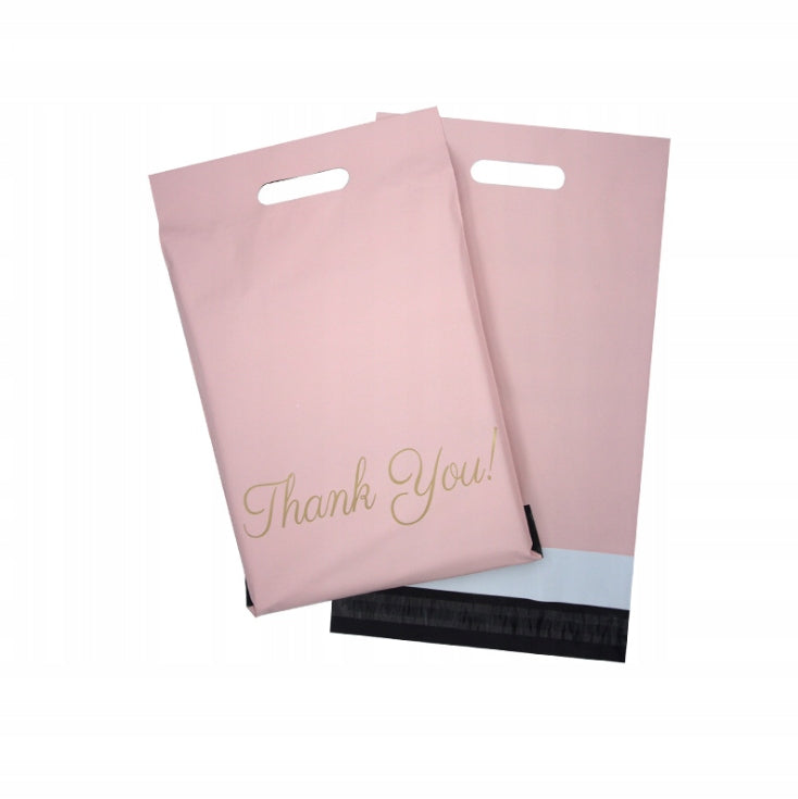FOLIOPAK KURIERSKI FOLIOPAKI RÓŻOWE z RĄCZKĄ 310 x 420 + 70 mm (rączka) 50 szt z napisem "Thank You"
