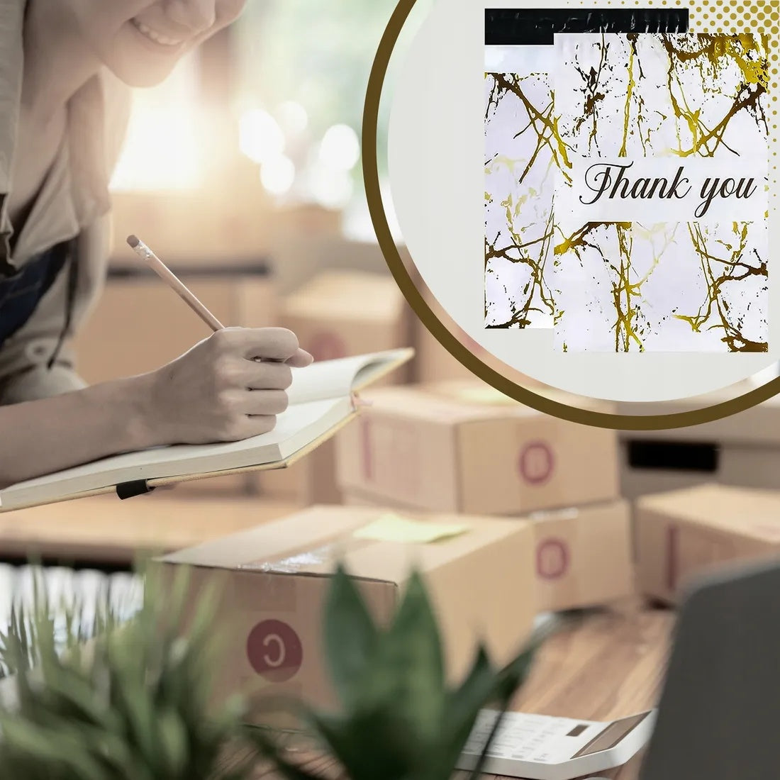 Foliopaki kurierskie MOCNE 255x370 ZŁOTY MARMUR THANK YOU 50 sztuk