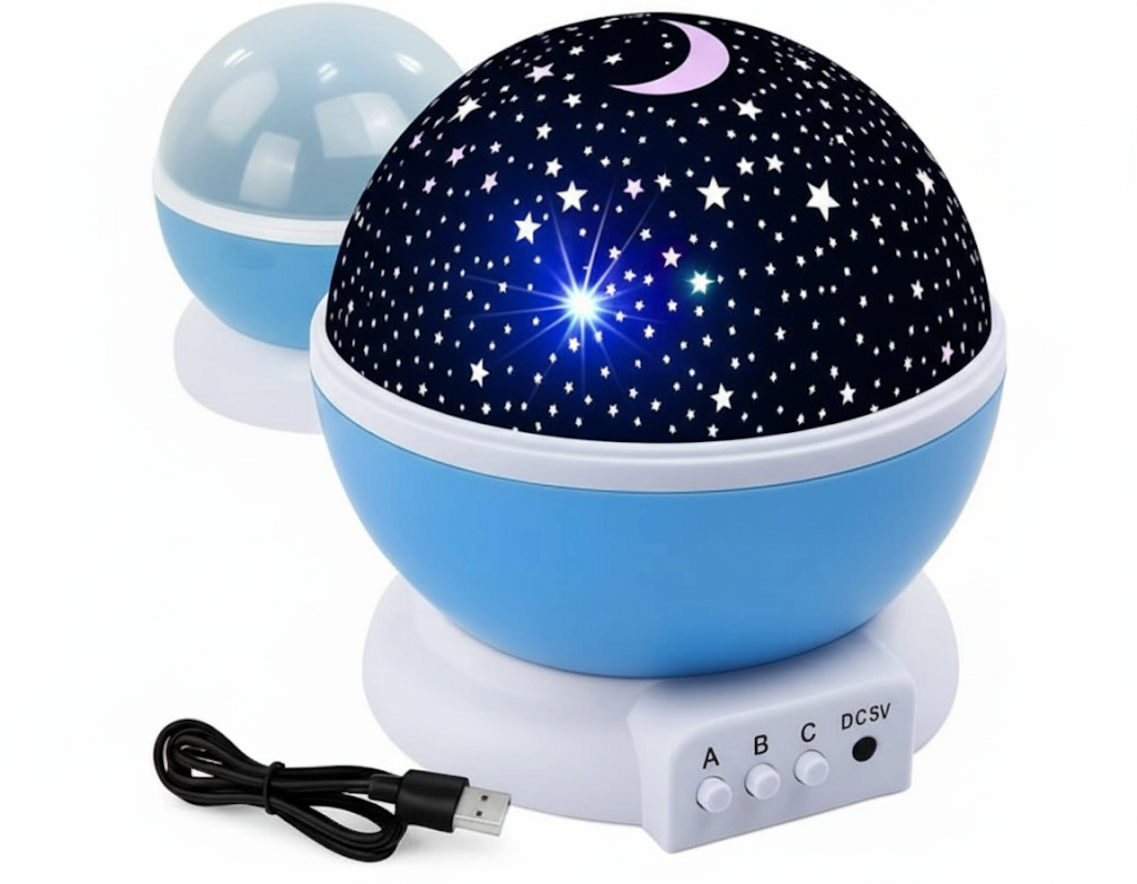 LAMPKA NOCNA LED PROJEKTOR GWIAZD 2w1 KULA NIEBIESKA OBROTOWA DLA DZIECI